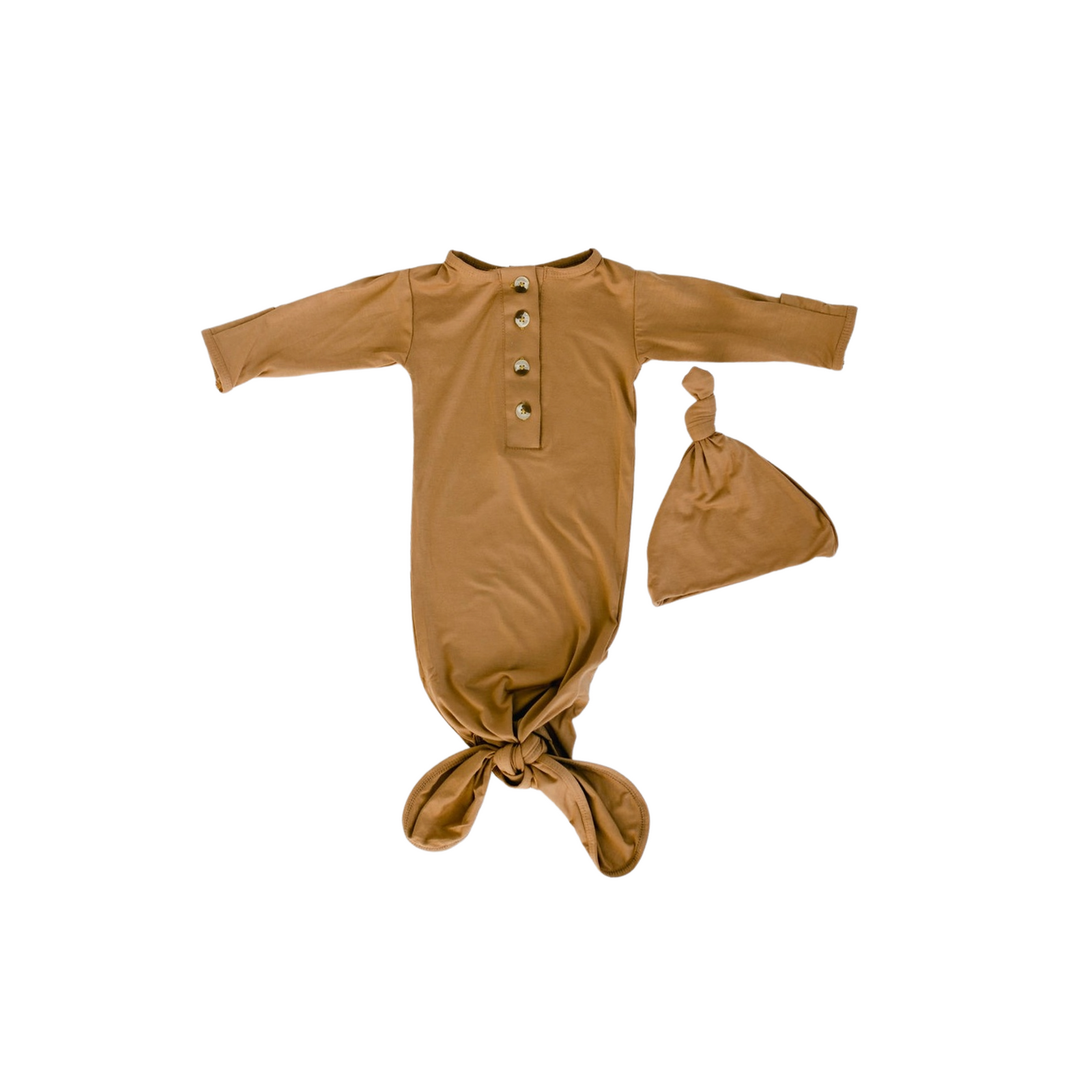 Camel Brown Knotted Newborn Gown & Hat Set