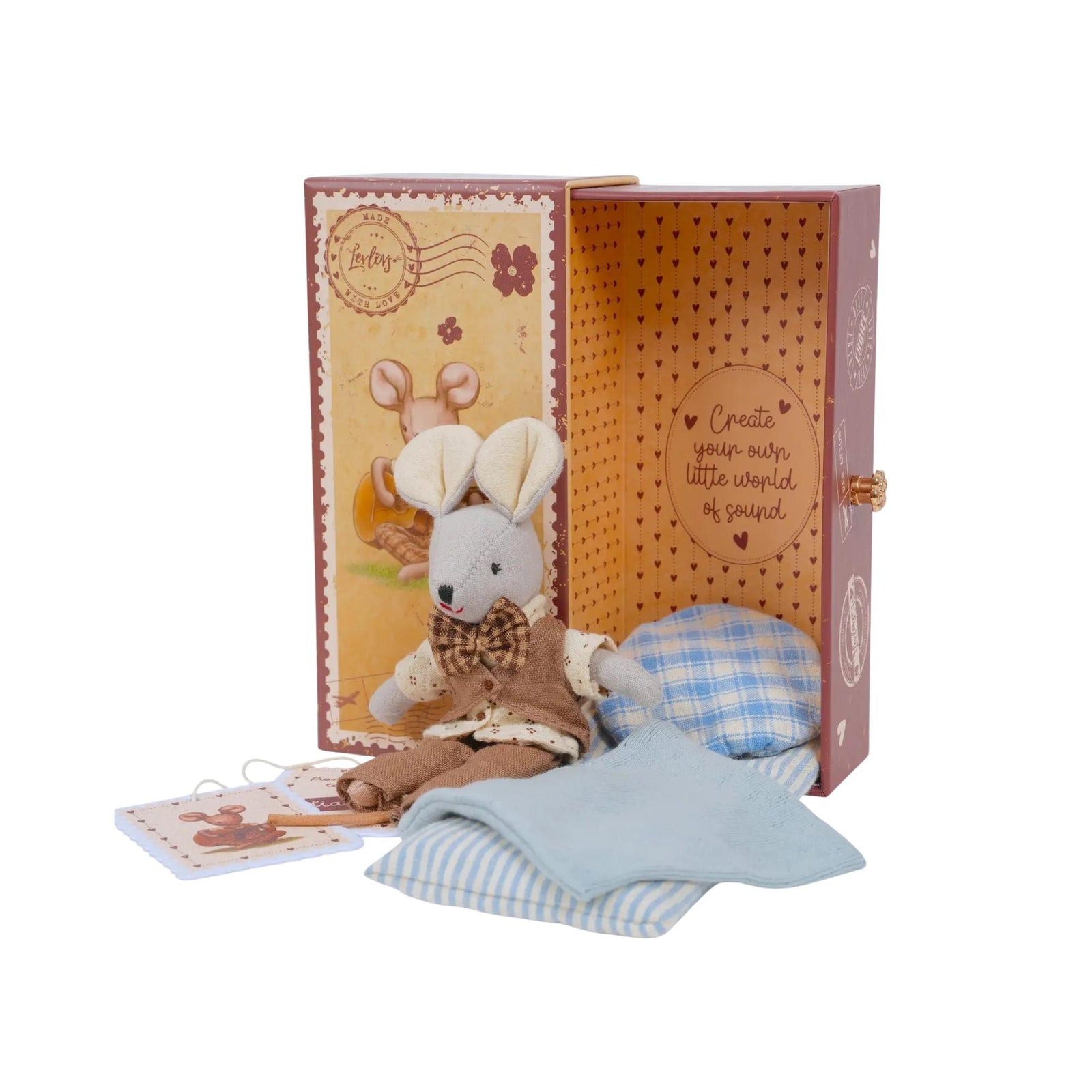 Plush Mouse Liam in Stamp Box with Bedding