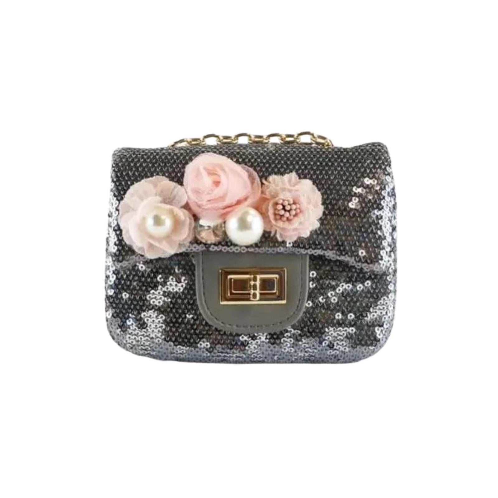 Pewter Floral Appliquéd Sequin Purse