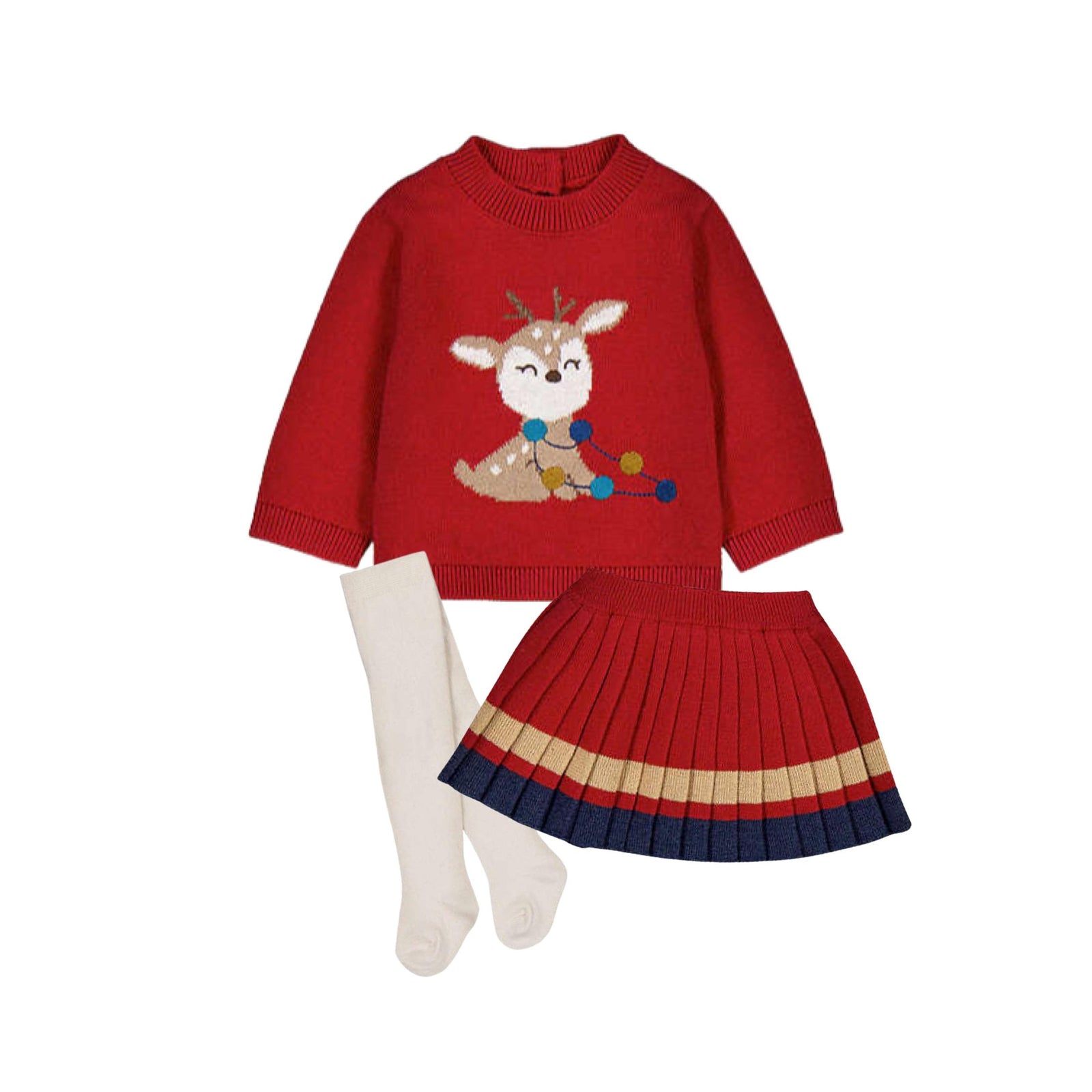 Red Reindeer Motif Sweater & Knit Pleated Skirt Set