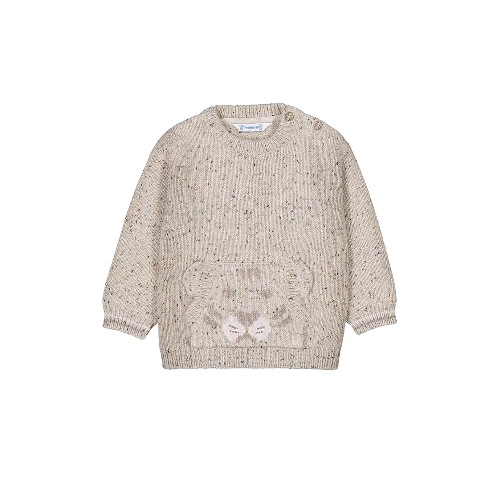 A beige knit sweater for toddlers, featuring a textured speckled pattern and a knitted teddy bear motif on the front, displayed against a solid white background.