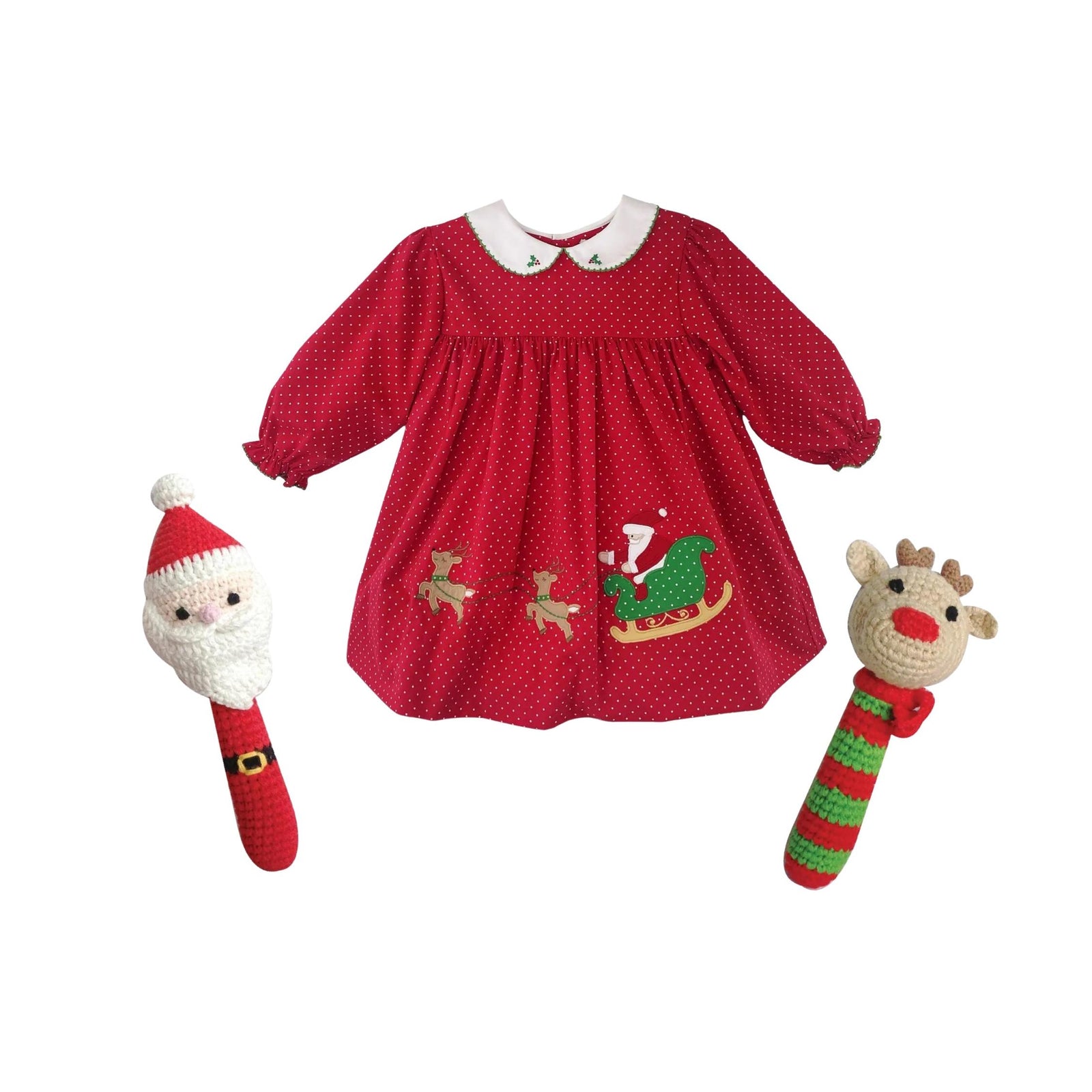 Santa Sleigh & Reindeer Appliquéd Red & White polka Dot Dress