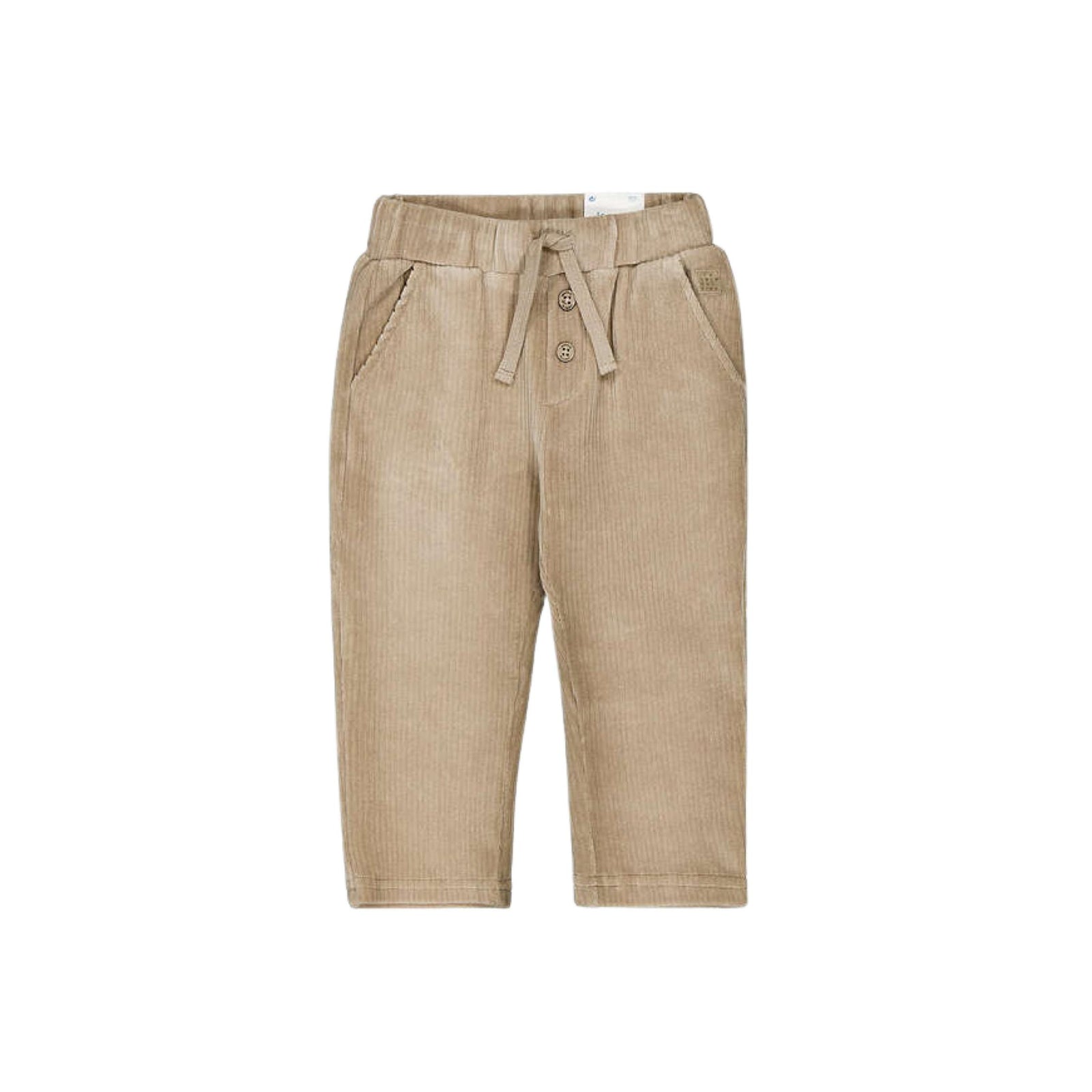 A pair of beige corduroy pants for toddlers, featuring an elastic waistband with a drawstring and button closure, side pockets, and a straight leg, shown against a plain white background.
