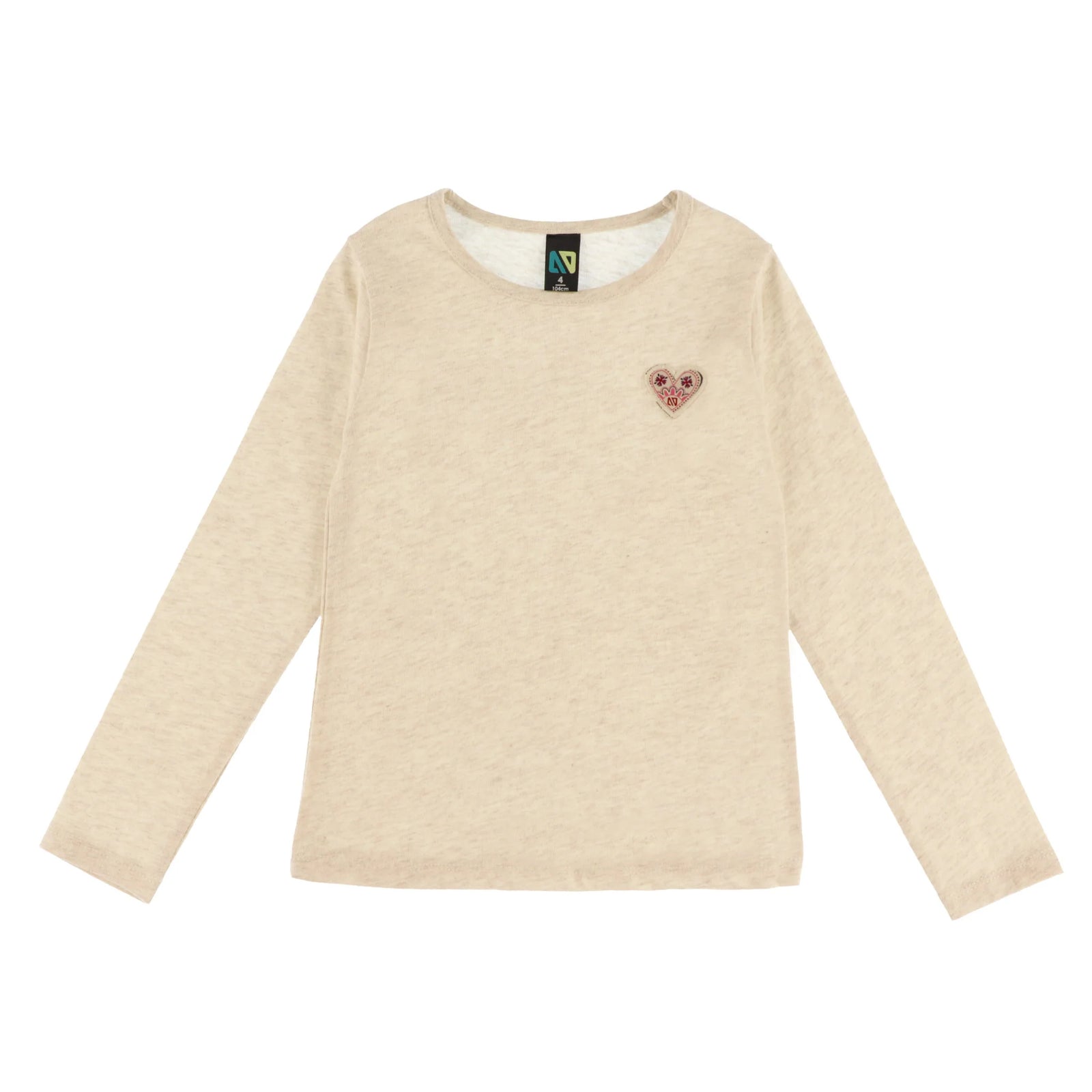 A light ivory long-sleeve crewneck top with a small heart-shaped embroidered patch on the left chest, displayed flat against a white background.