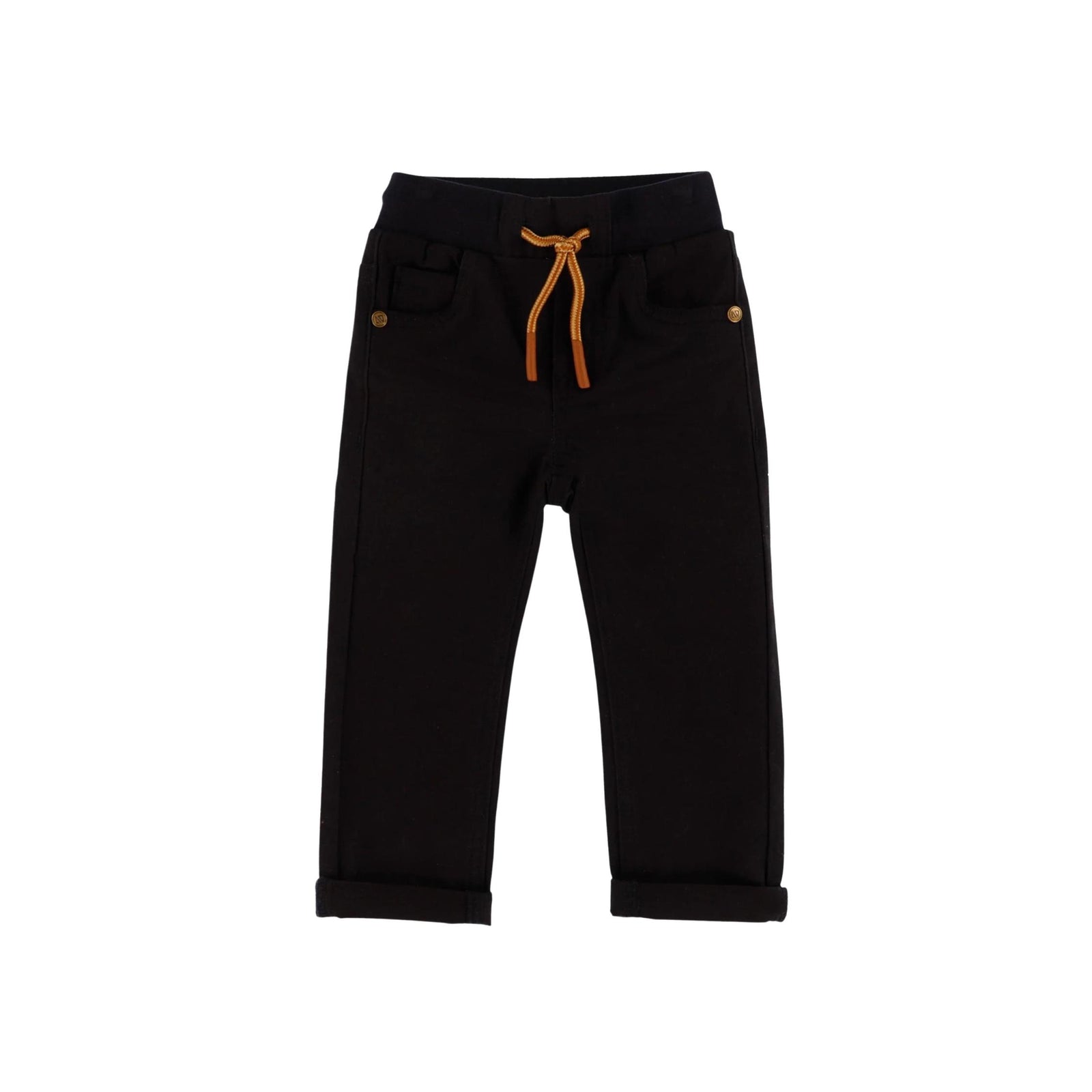 Black cropped pants with rolled cuffs, a drawstring waist, and front pockets, shown flat against a white background.
