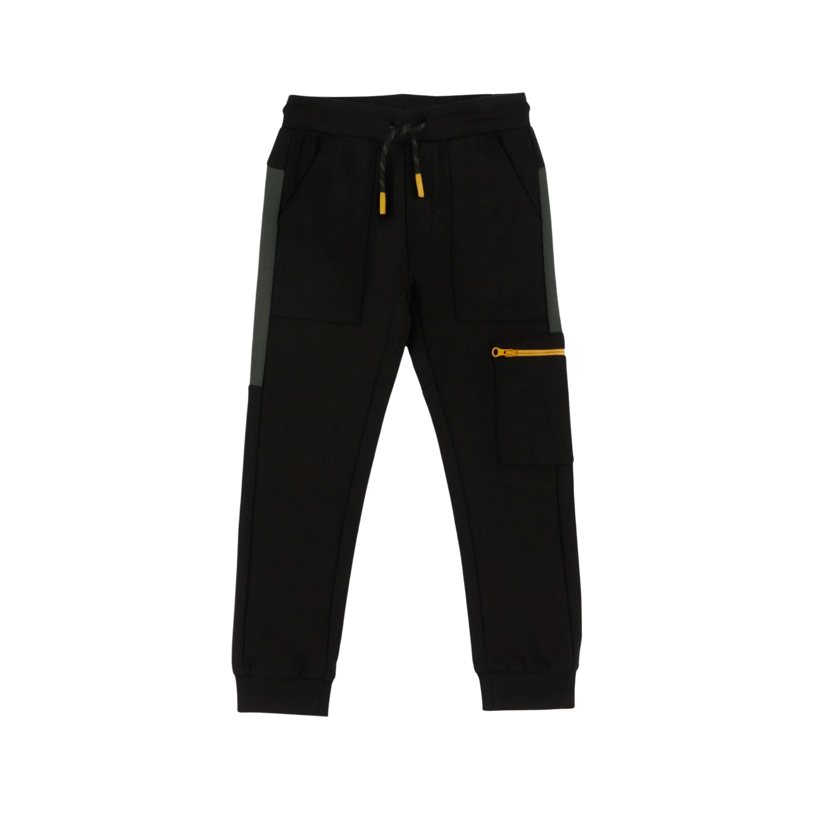 Black jogger pants with a gray side stripe, yellow drawstring tips, and a yellow zippered pocket on the left thigh, shown against a plain white background.
