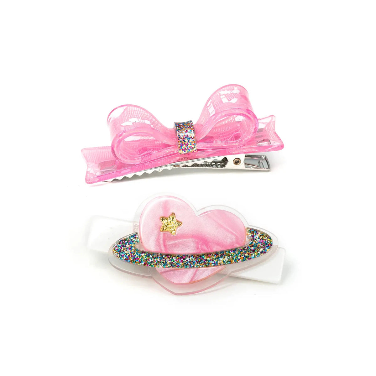 Heart Planet &amp; Pearlized Bow Aligator Hair Clips