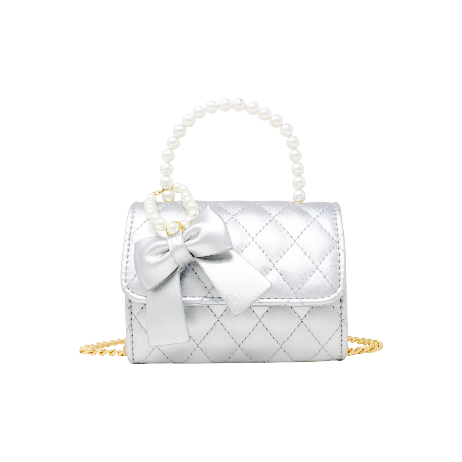 Quilted Pearl Handle Bow Ribbon Handbag