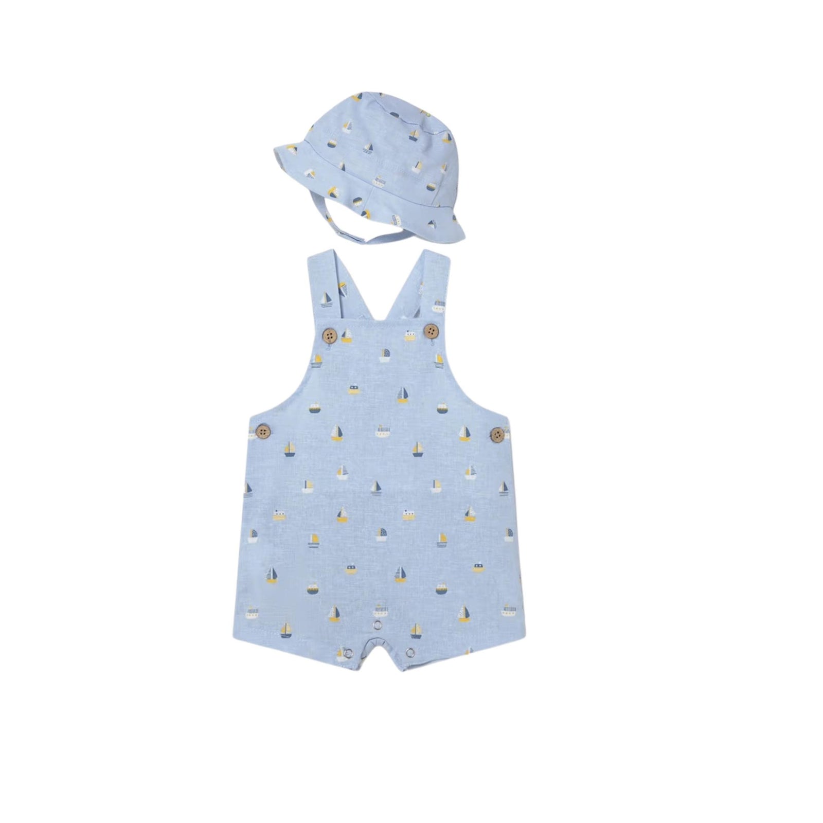 Baby Boy Sailboats Print Short Overalls with Sun Hat
