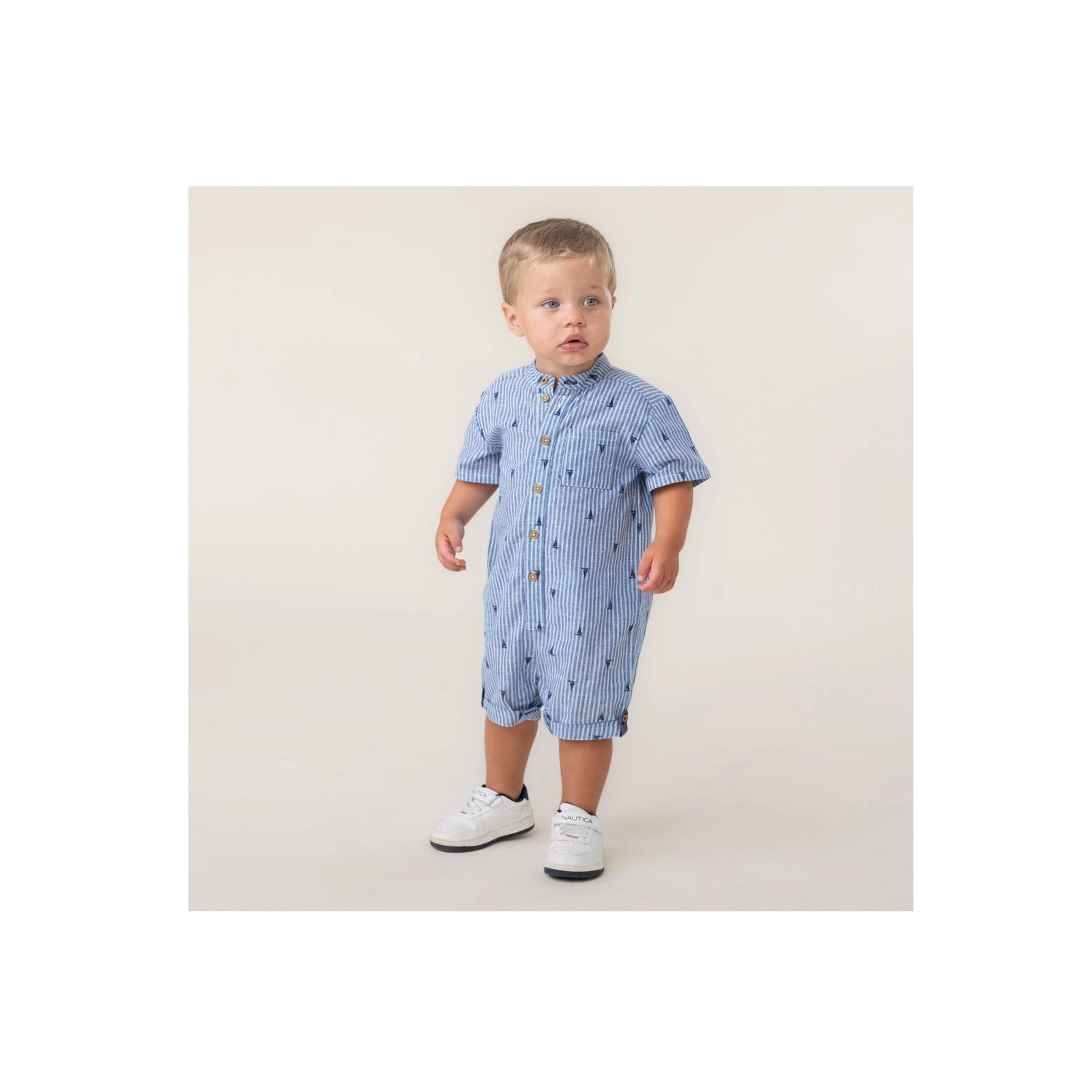 Striped Sailboat Print Poplin Baby Boy Romper