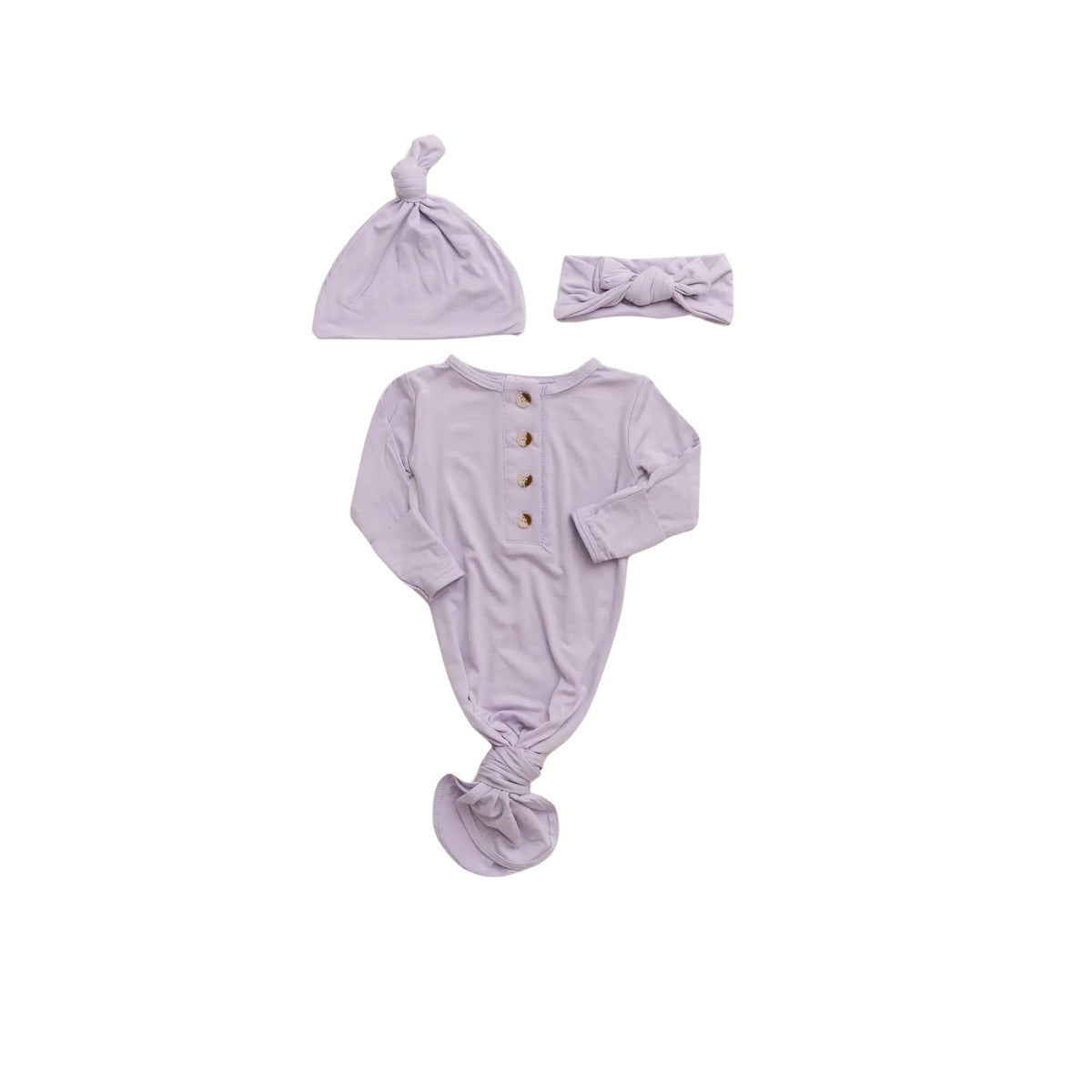 Lavender Knotted Newborn Gown, Hat &amp; Headband Set