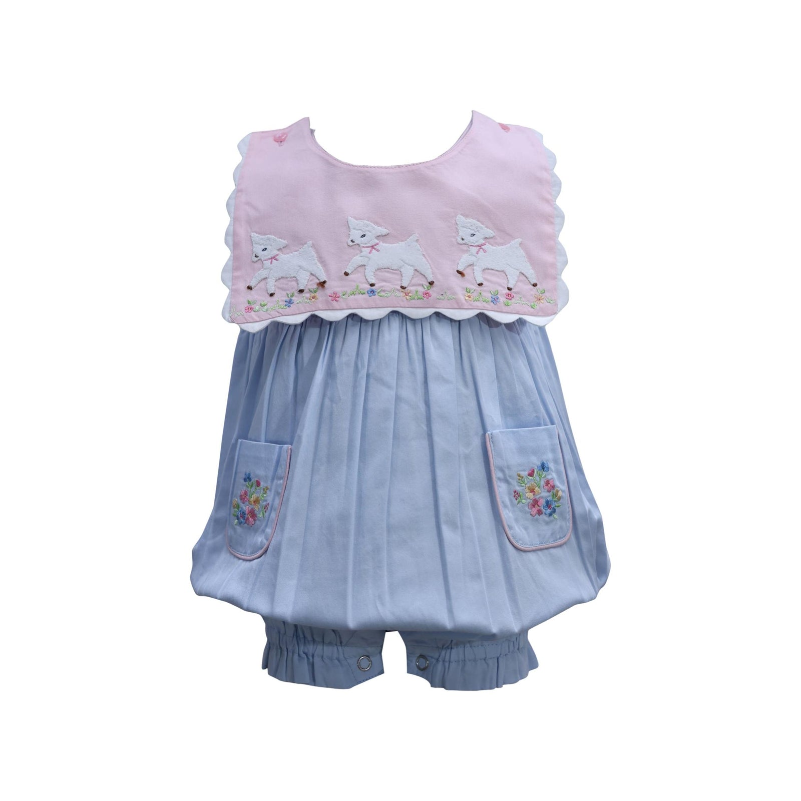 Baby Girl Reversible Collar Embroidered Lamb Romper