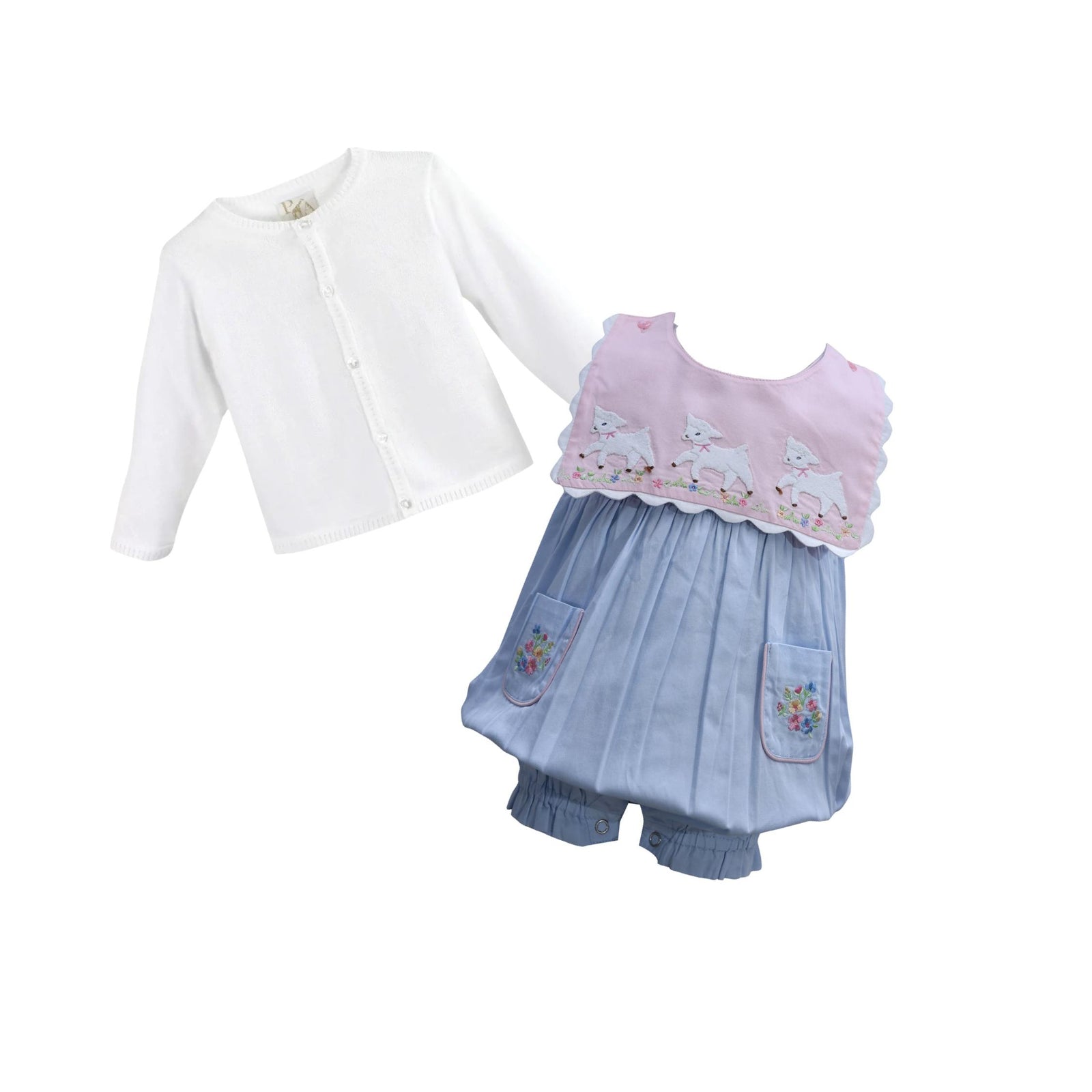 Baby Girl Reversible Collar Embroidered Lamb Romper