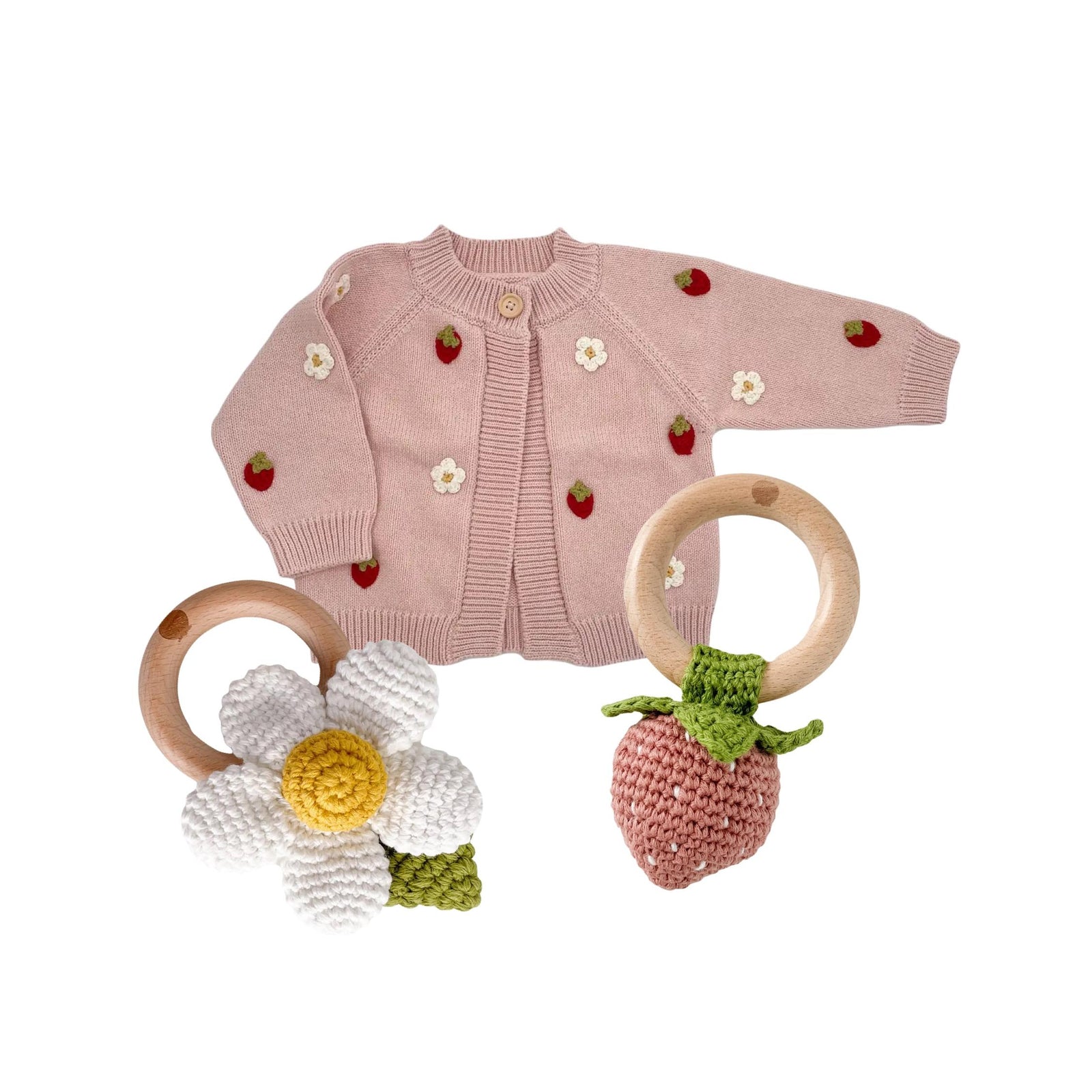 Pink Strawberry Cotton Crochet Teether Rattle