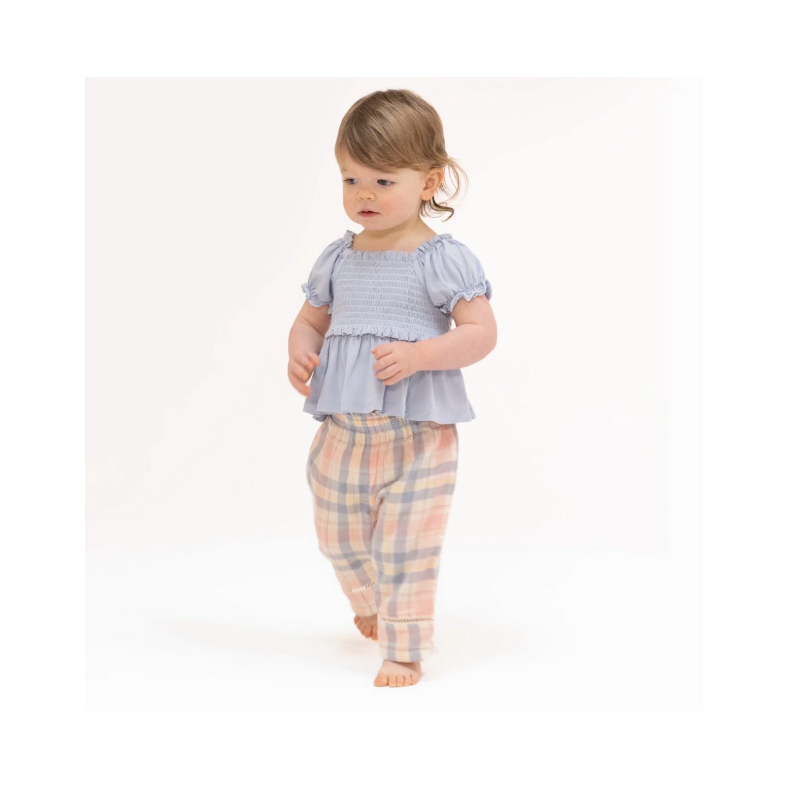 Dusty Plaid Smocked Blouse and Pant Set