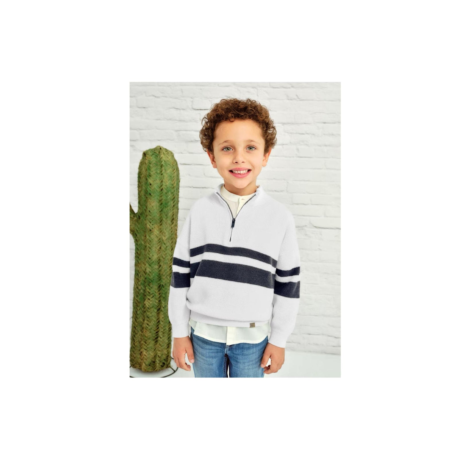 Boys’ Half Zipped Cream and Navy Stripe Sweater