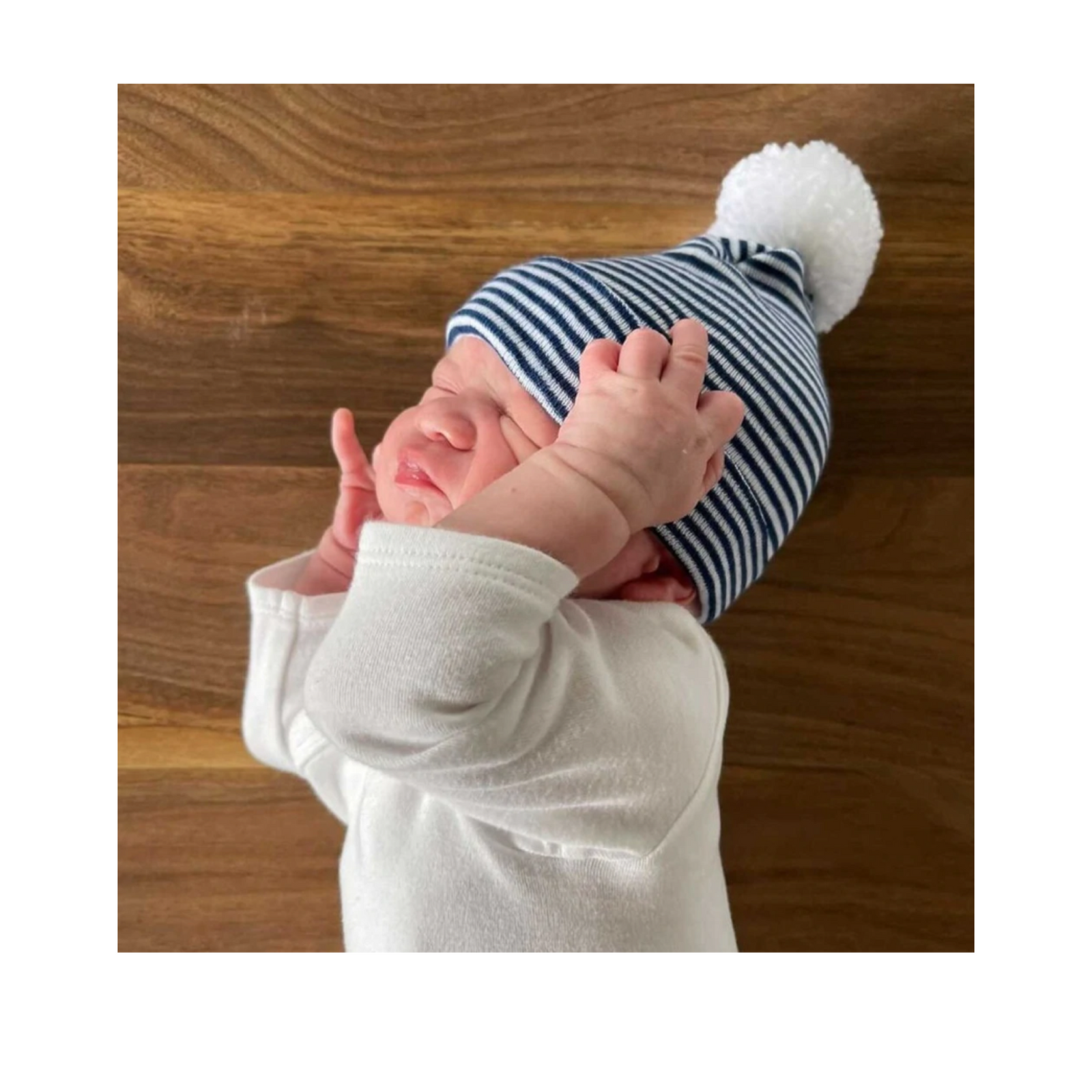Navy And White Stripe With Pom Beanie