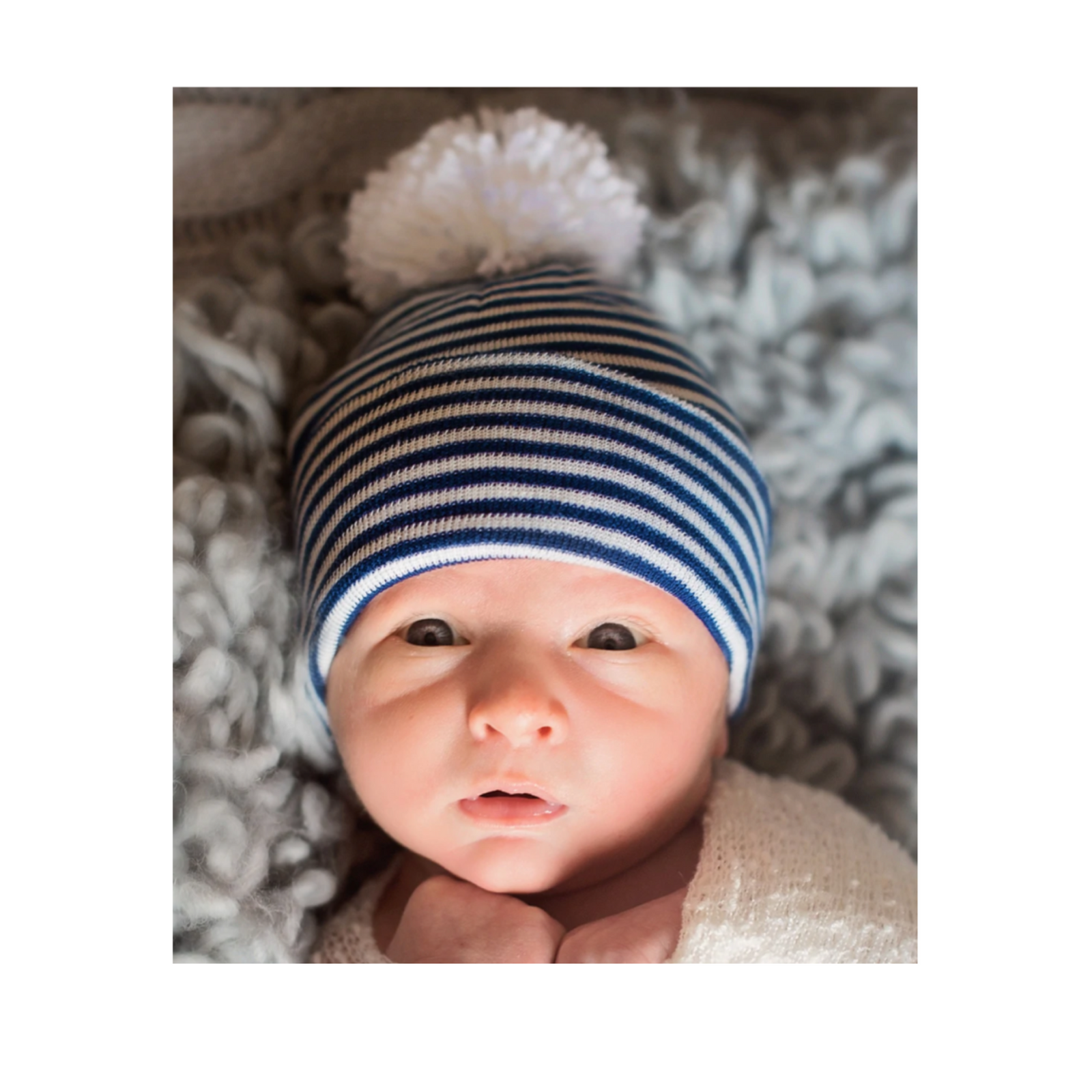 Navy And White Stripe With Pom Beanie