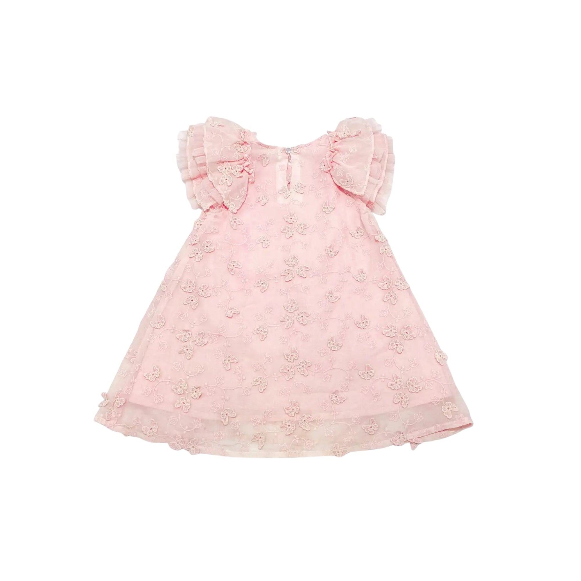 Flutter Puff Sleeve Pink Butterfly Cotton Dress