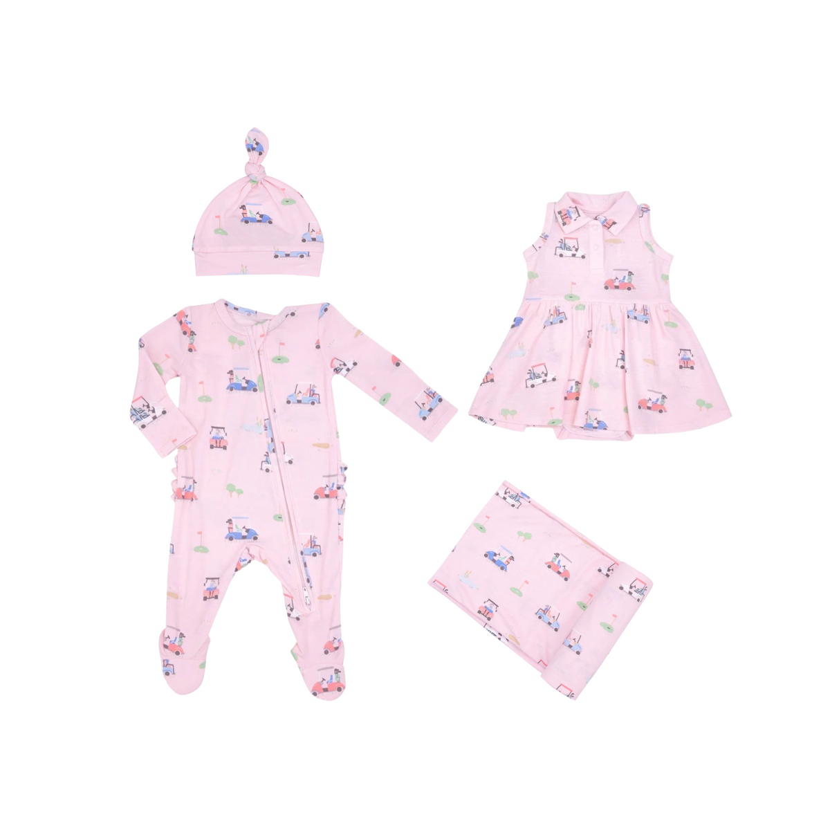 Golf Carts Pink 2 Way Zipper Ruffle Back Footie