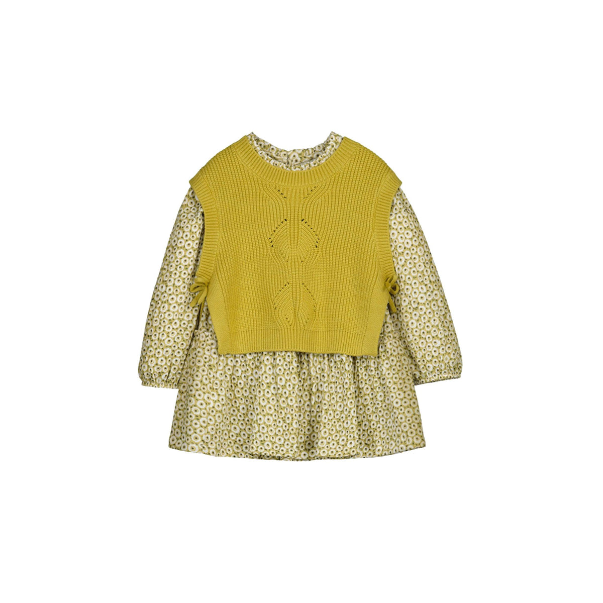 Floral Print Dress with Knit Vest Overlay