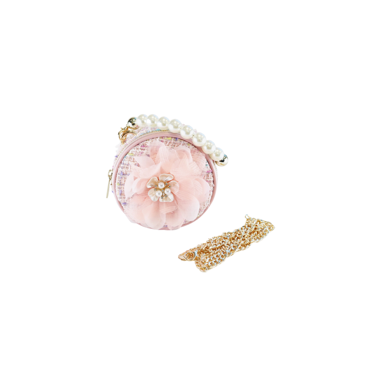 Big Flower Round Tweed Purse in Pink