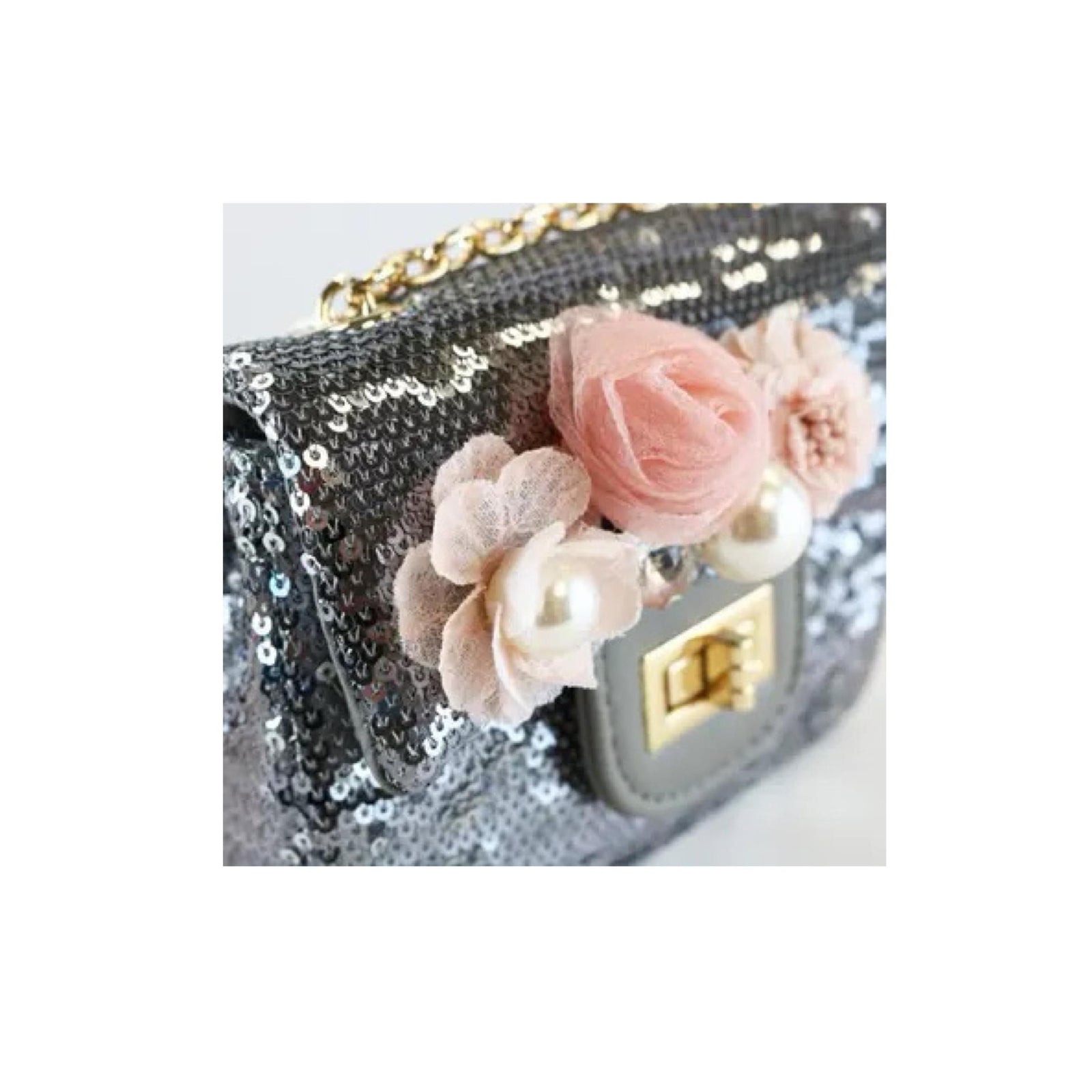 Pewter Floral Appliquéd Sequin Purse