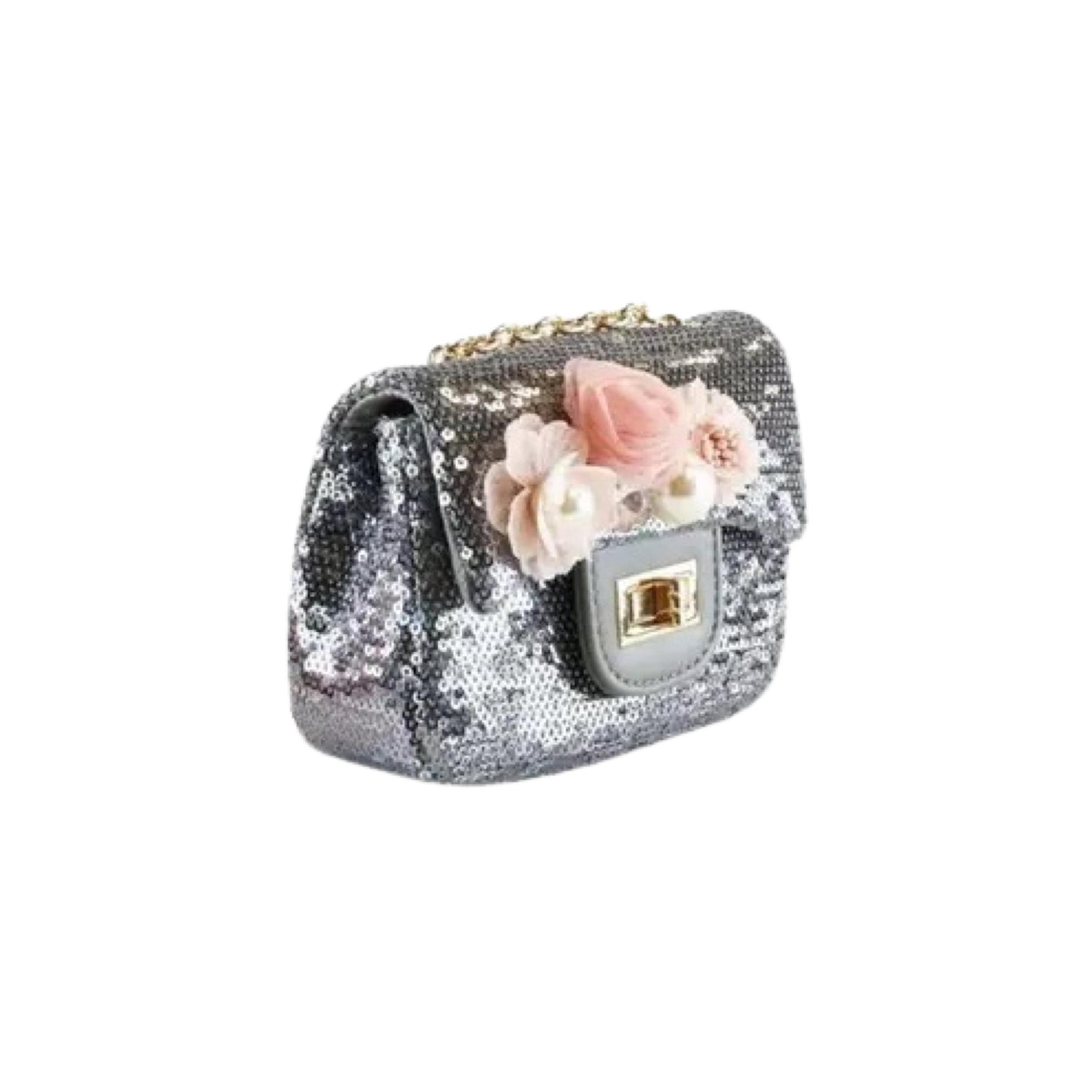 Pewter Floral Appliquéd Sequin Purse