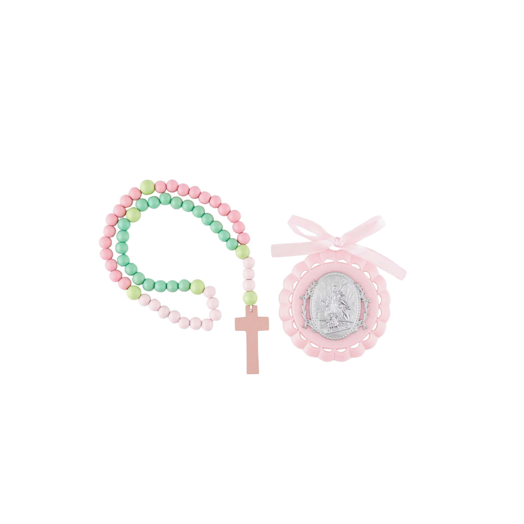 Pink Angel Crib Medal And Rosary Set