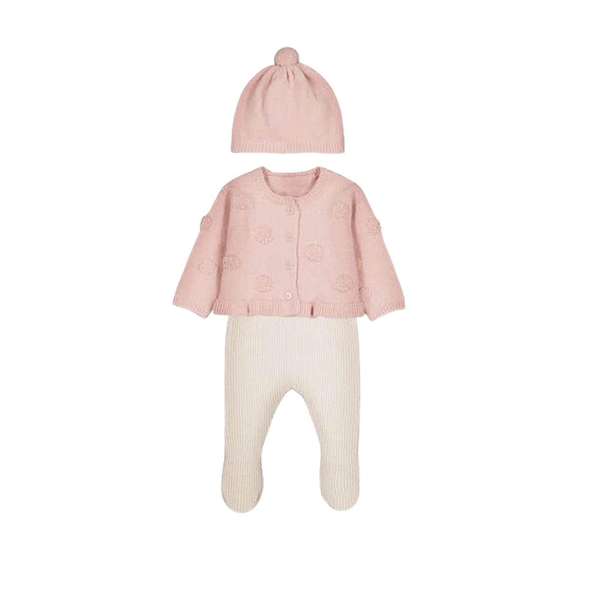 Baby Girl Pink &amp; Ivory 3-Piece Knit Layette Set with Hat