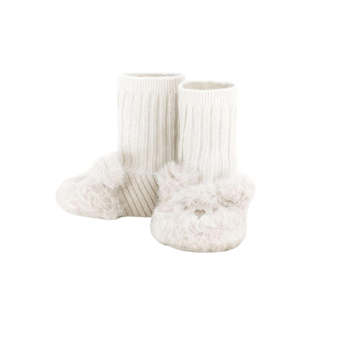 Unisex Baby Ivory Fuzzy Bear Ribbed Knit Booties