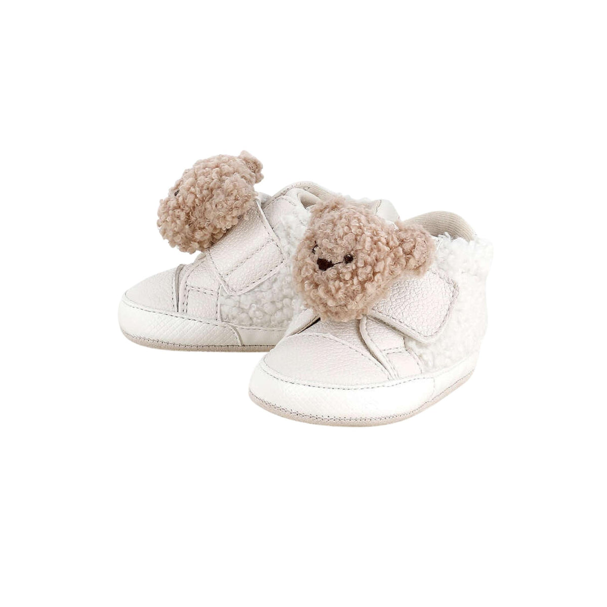 Off White Baby Crib Shoes with Fuzzy Bear Embellishment