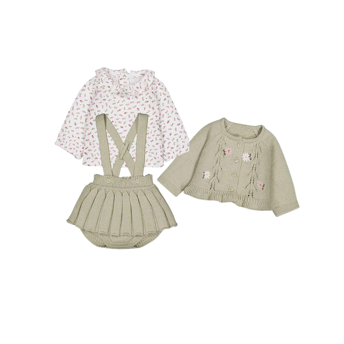 Sage 3-Piece Knit Romper Skirt, Top &amp; Cardigan Set
