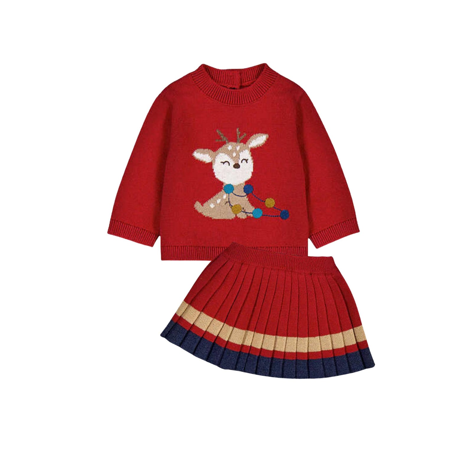 Red Reindeer Motif Sweater &  Knit Pleated Skirt Set