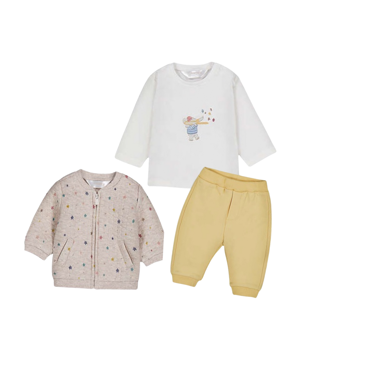 Three-piece children's outfit set on a white background, including a white long-sleeve top with a small cartoon graphic, a light beige zip-up cardigan with small multicolor star prints, and mustard yellow pants.