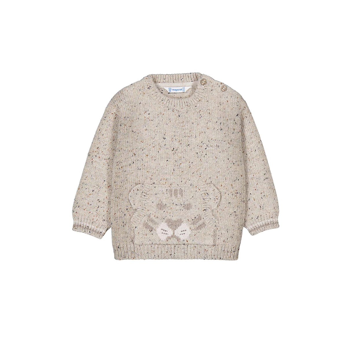 A beige knit sweater for toddlers, featuring a textured speckled pattern and a knitted teddy bear motif on the front, displayed against a solid white background.