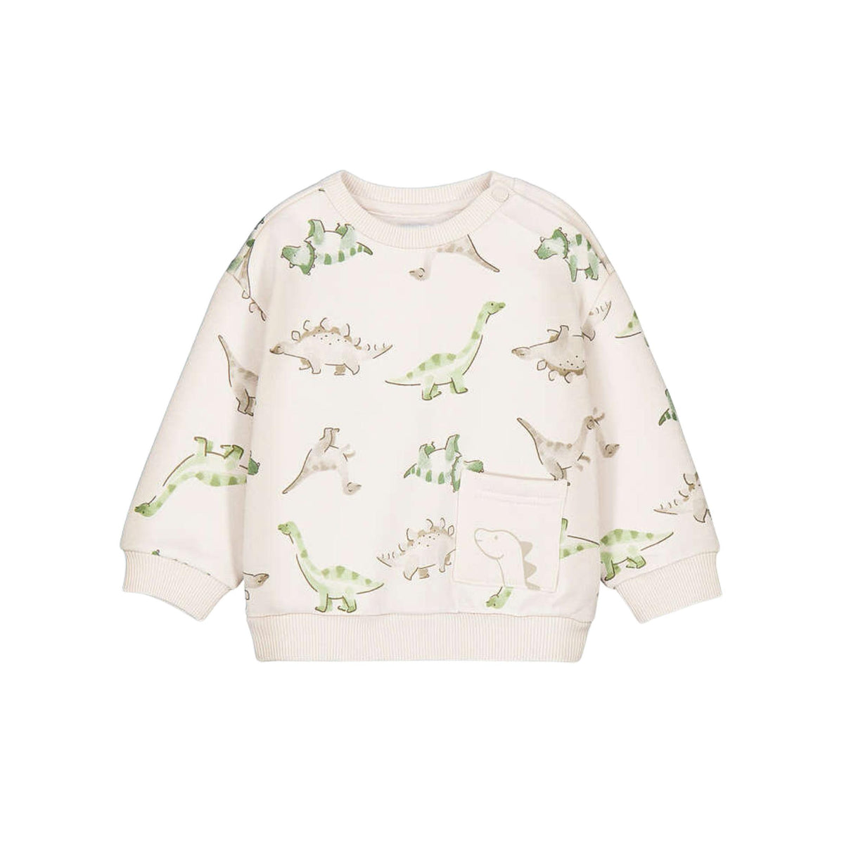 A children's long-sleeve sweatshirt in off-white with an all-over print of green and gray dinosaurs, shown against a plain white background.