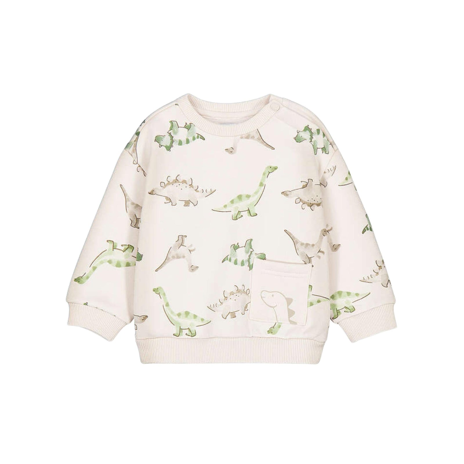 A children's long-sleeve sweatshirt in off-white with an all-over print of green and gray dinosaurs, shown against a plain white background.