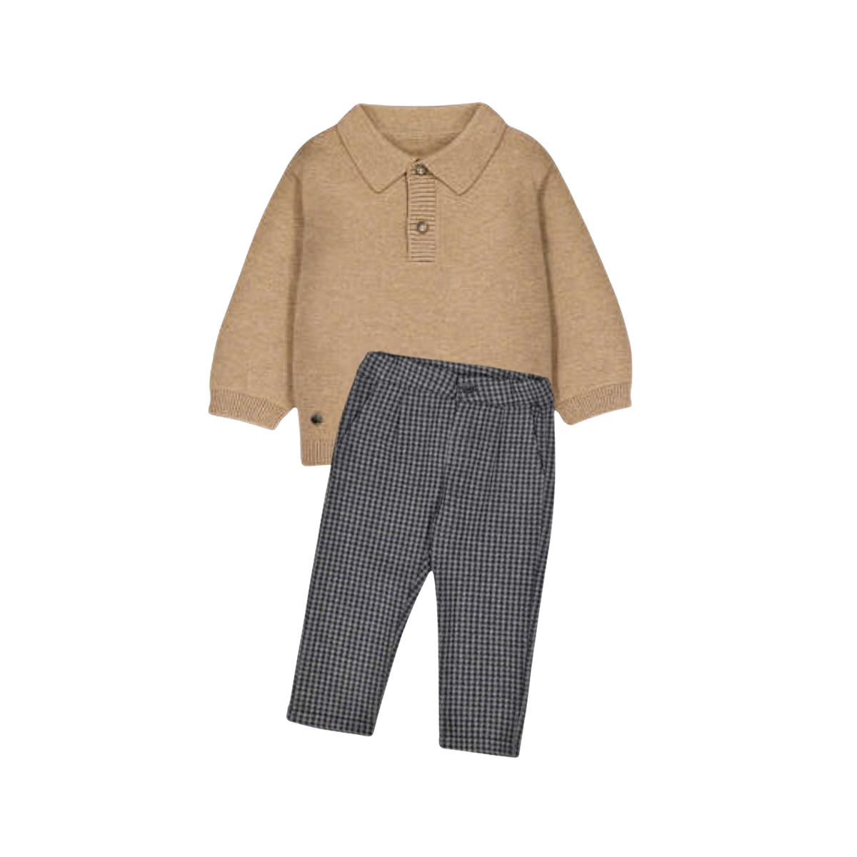Beige Polo Sweater with Houndstooth Pants