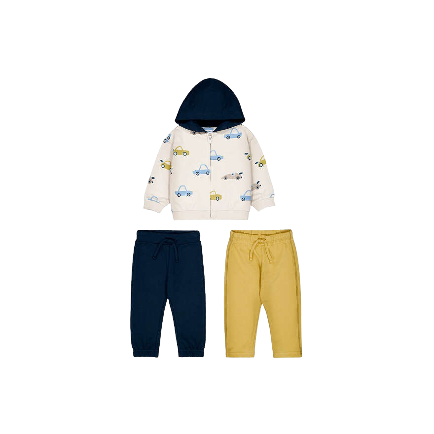 Car Print Hoodie 3-Piece Set with Navy &amp; Yellow Pants