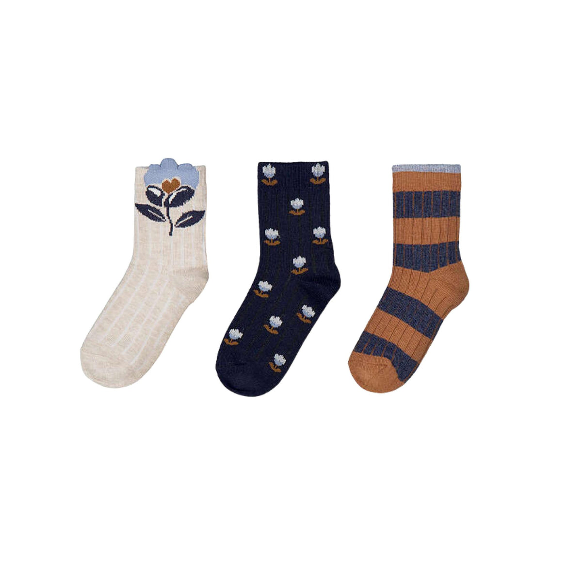Navy Stripe &amp; Floral Ankle Socks 3-Pack