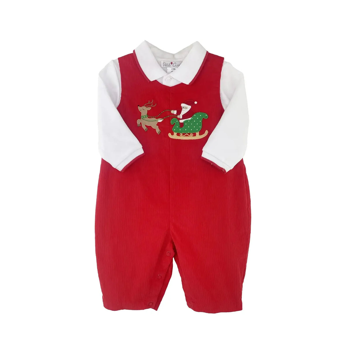 Holiday Red Romper with Santa &amp; Reindeer Appliqué