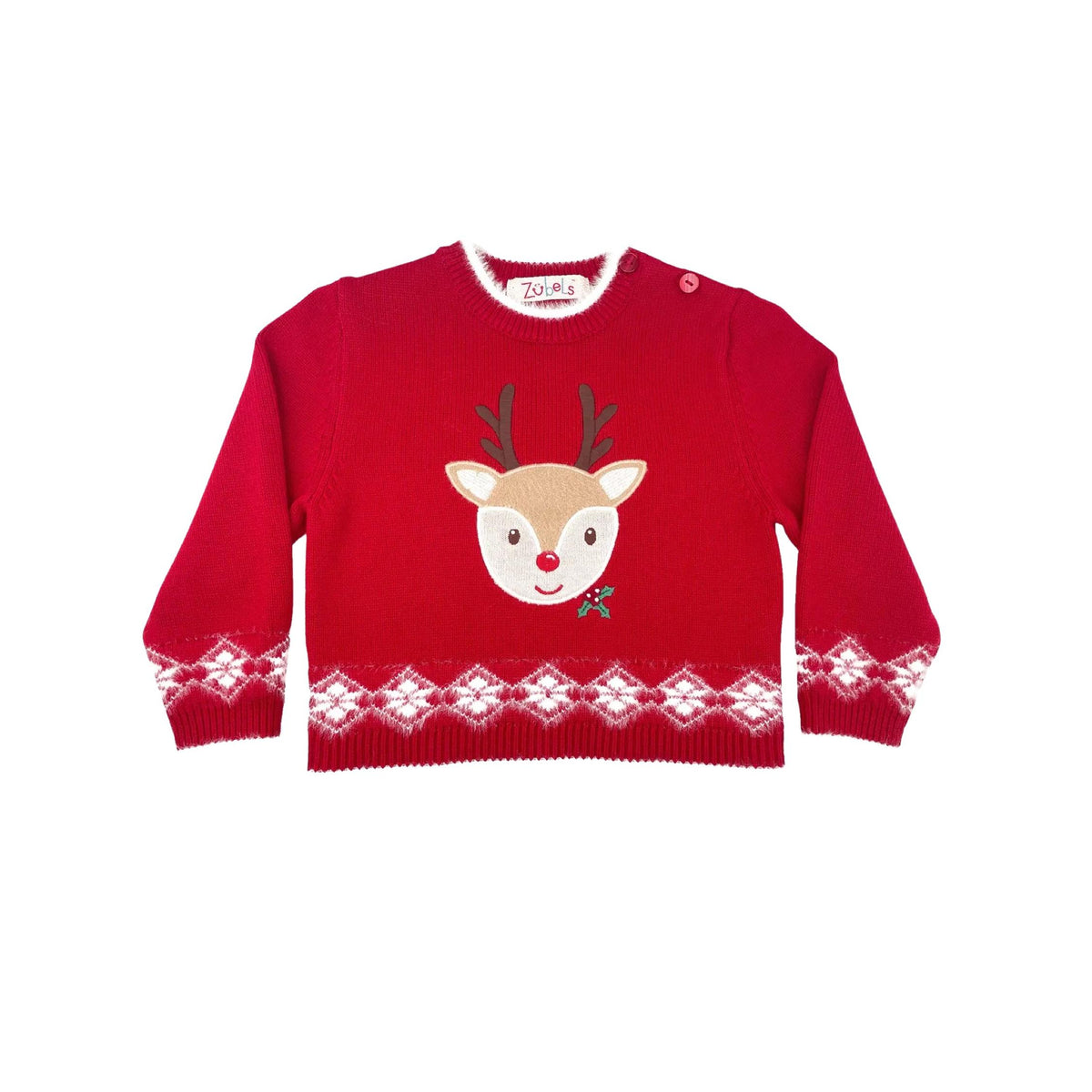 Appliquéd Reindeer Face Red Knit Sweater
