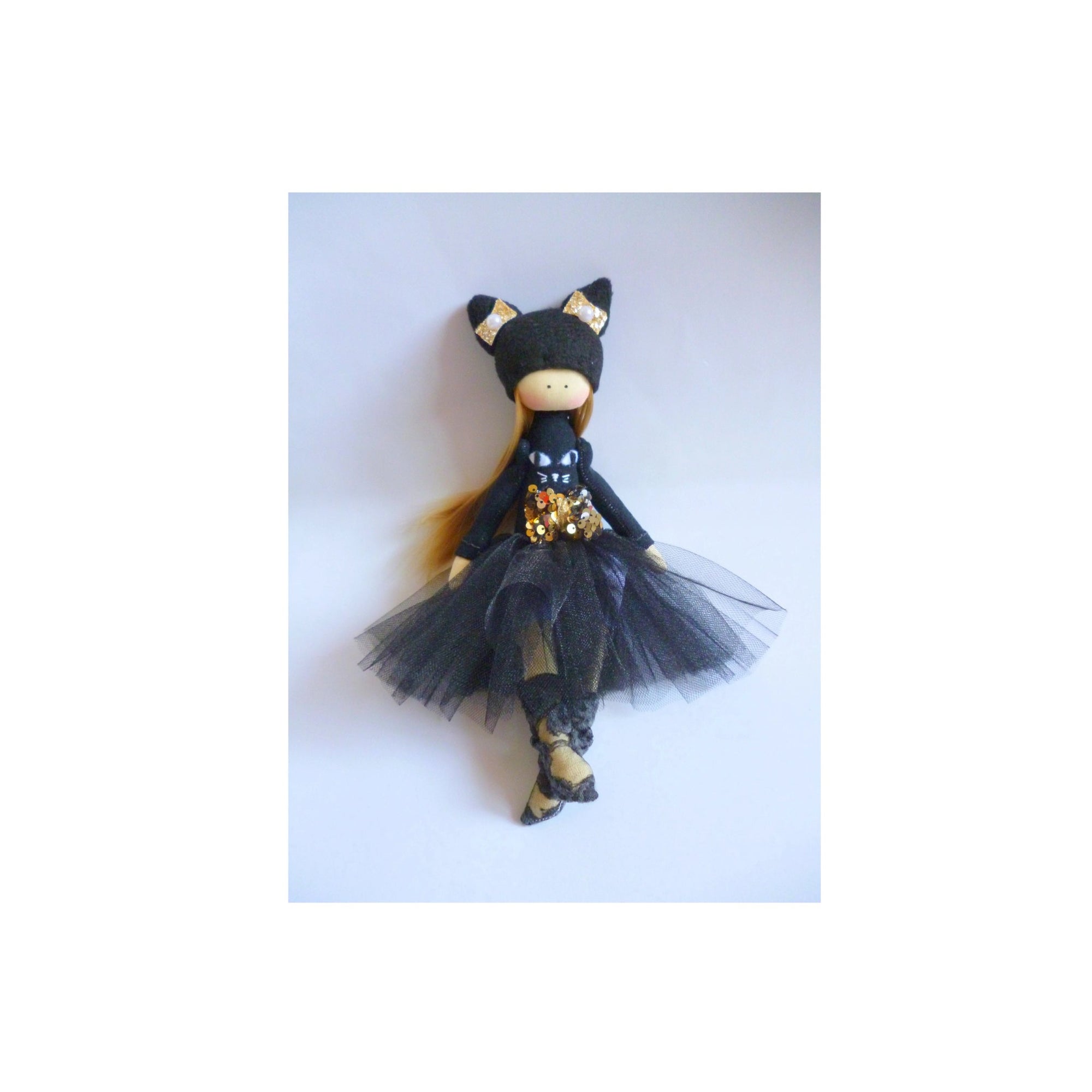 Handmade Emiline Cloth Heirloom Doll in Cat Dress