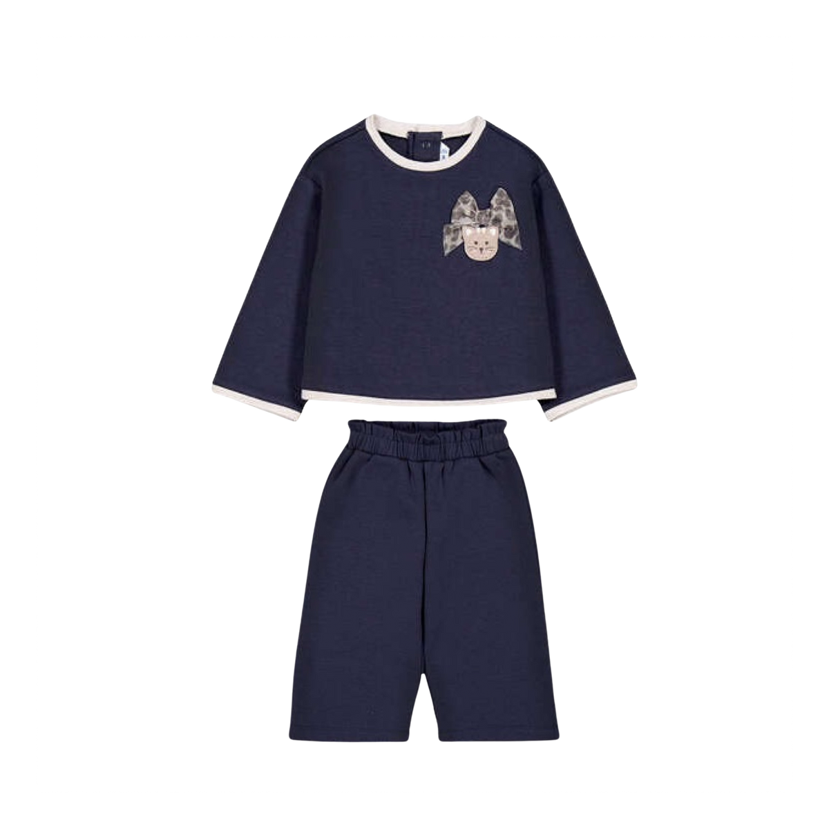 Navy Kitty Motif Top &amp; Pant Set