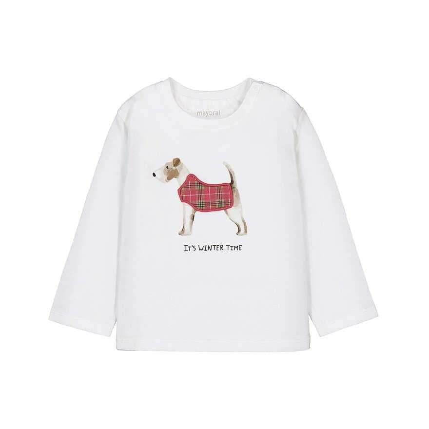 A white long-sleeve children's t-shirt featuring a graphic of a Jack Russell Terrier wearing a red tartan plaid winter coat, with the text 'IT'S WINTER TIME' printed below.