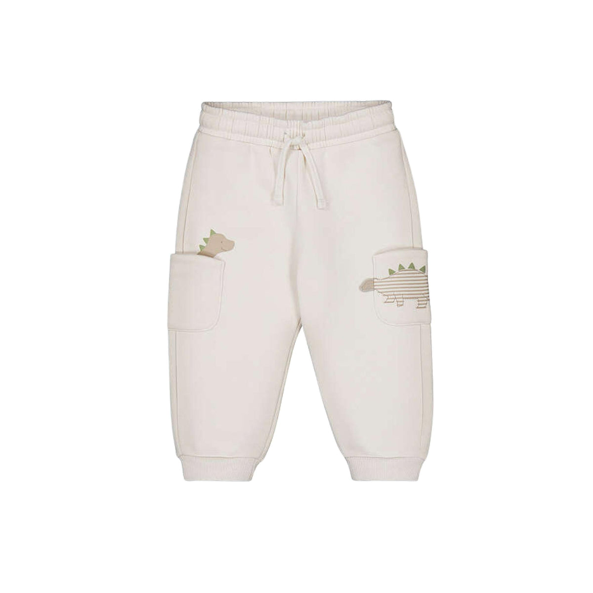 Khaki colored fleece jogger pants for kids, featuring a drawstring waist, elastic cuffs, and two front cargo pockets decorated with embroidered dinosaur designs.