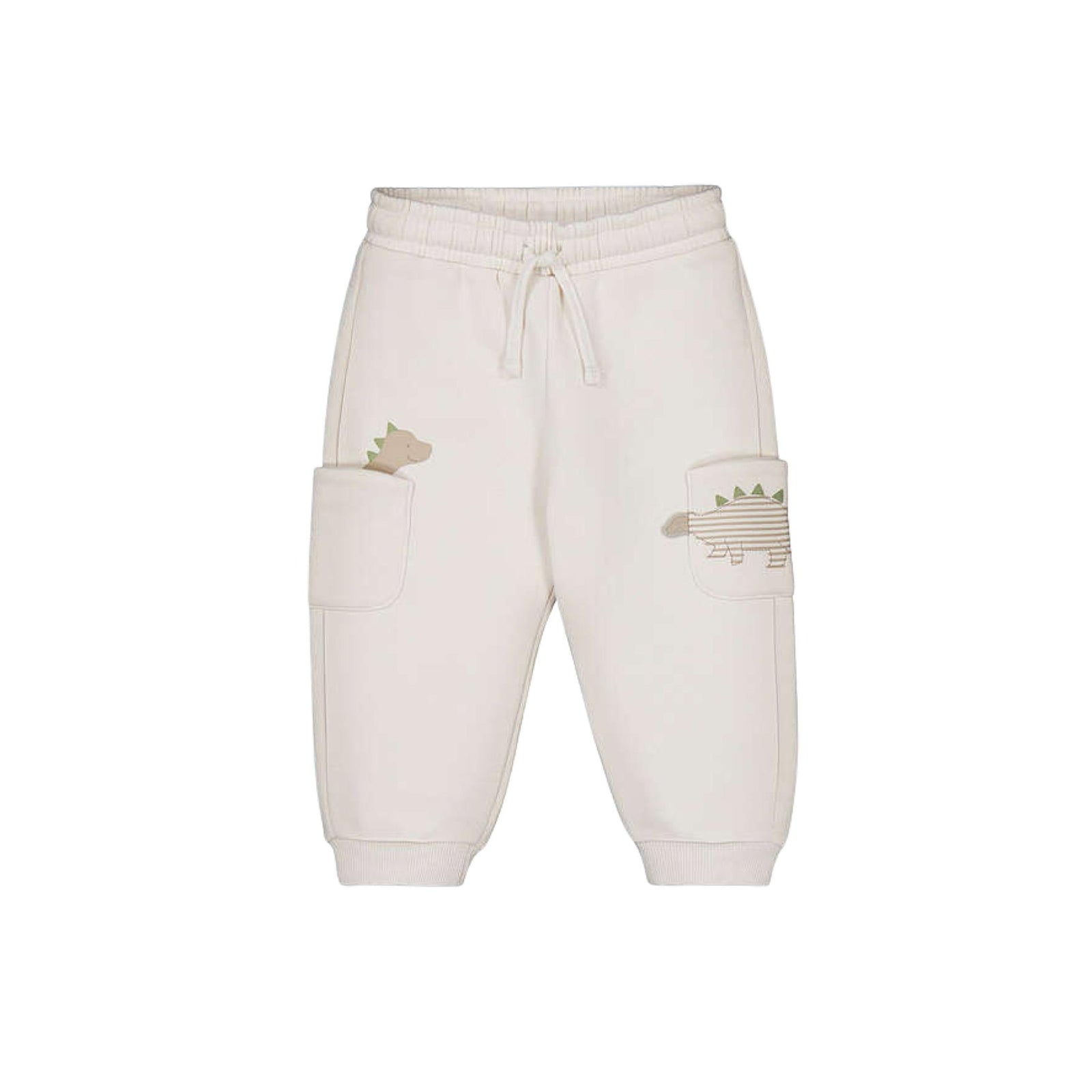 Khaki colored fleece jogger pants for kids, featuring a drawstring waist, elastic cuffs, and two front cargo pockets decorated with embroidered dinosaur designs.