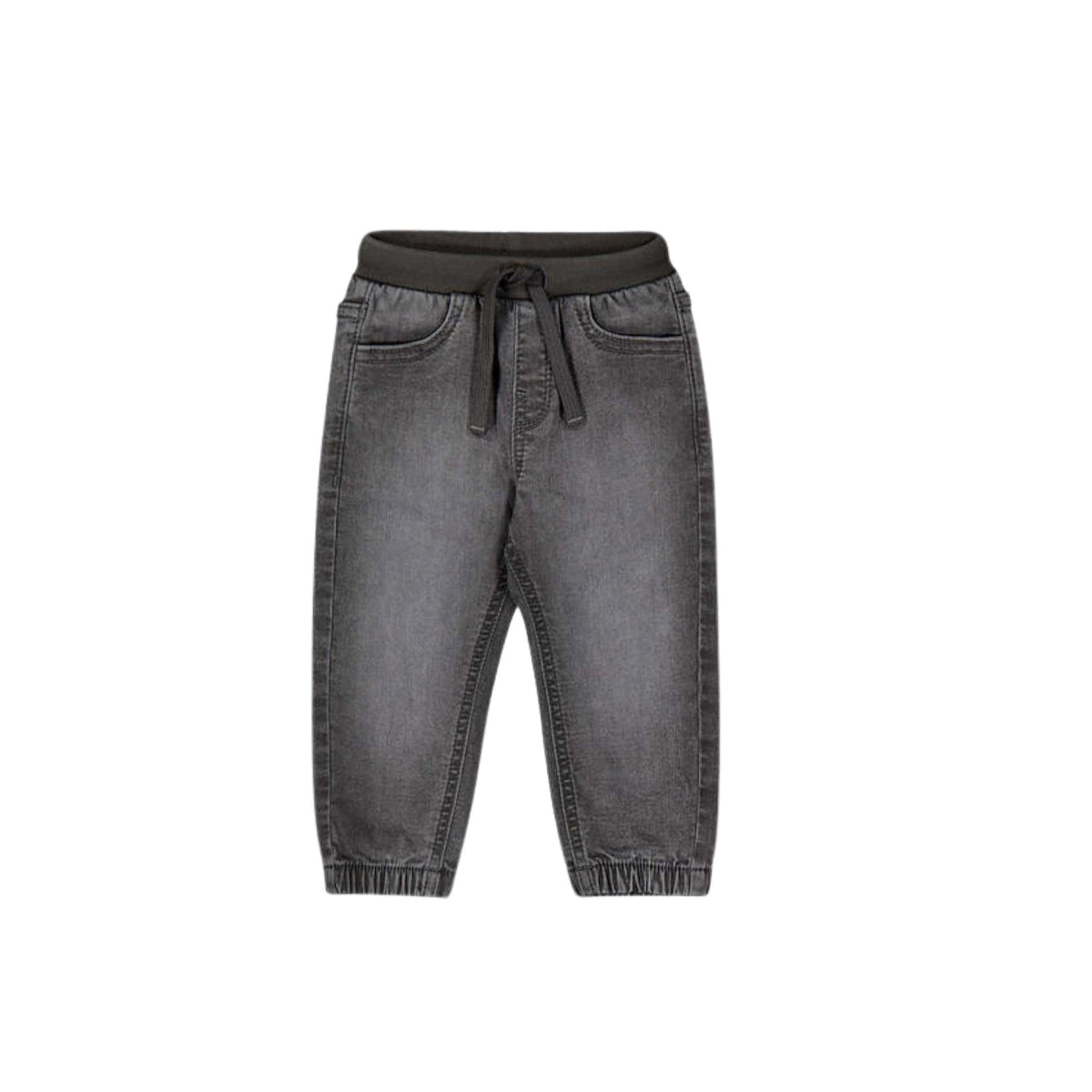 A pair of dark gray washed denim pants with an elastic waistband, drawstring, and elasticized cuffs, shown against a plain white background.
