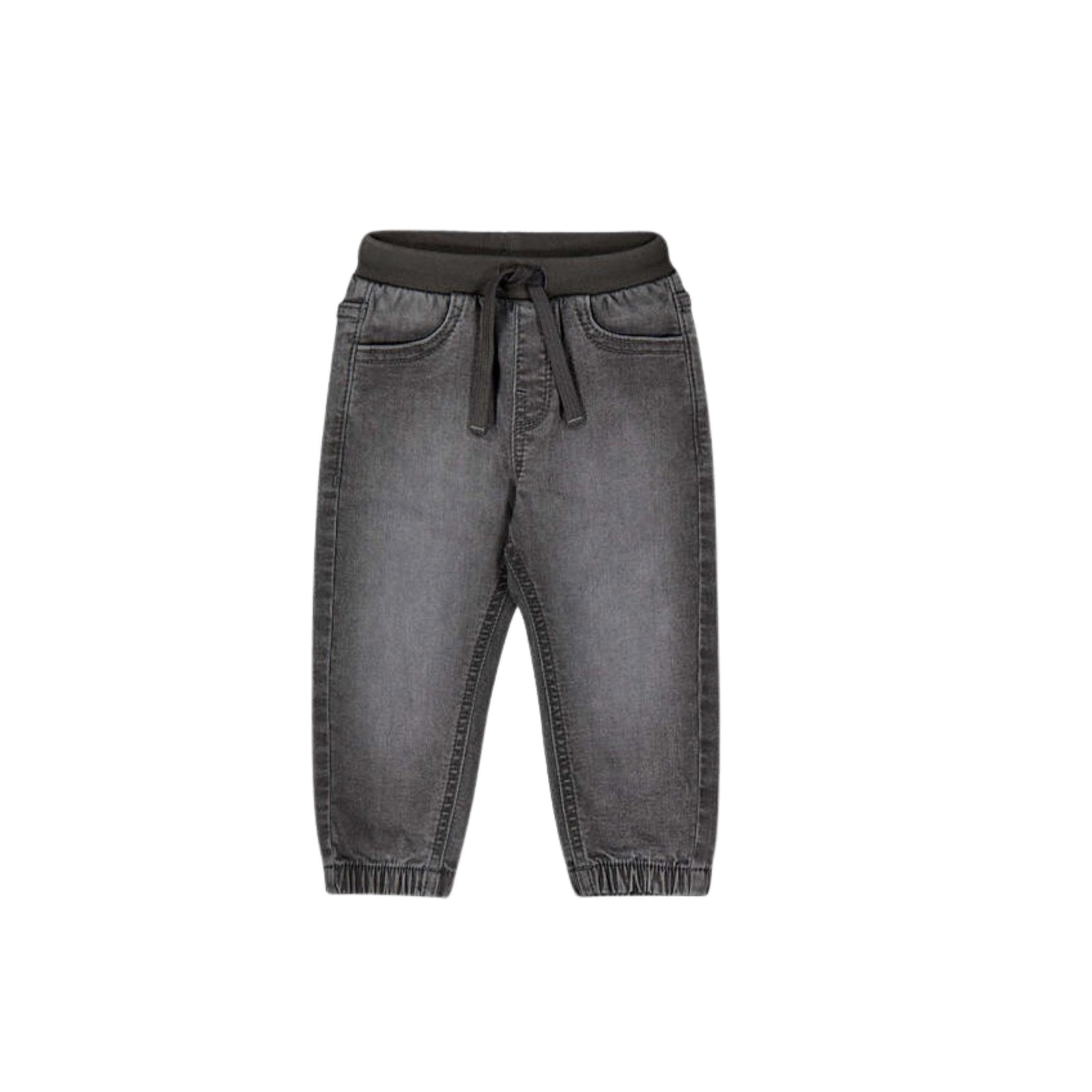 A pair of dark gray washed denim pants with an elastic waistband, drawstring, and elasticized cuffs, shown against a plain white background.